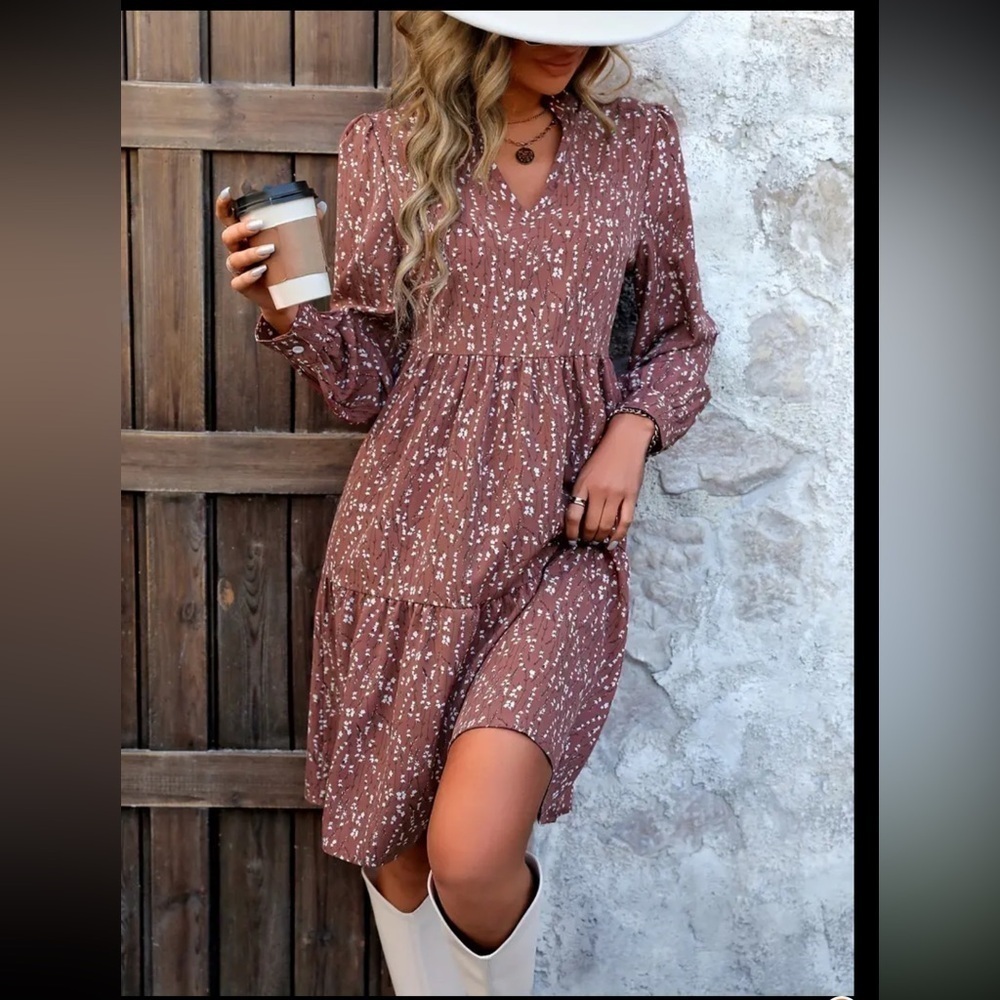 Pendulum Long Sleeve Notched Neck Dress with Allover Print and Ruffle Hem